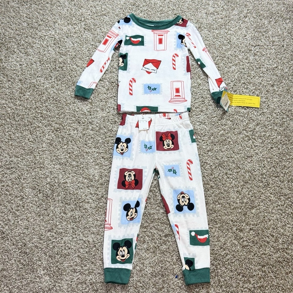 Disney Mickey Minnie Toddler 4T Christmas Pajama Set White Holiday NWT Sleepwear